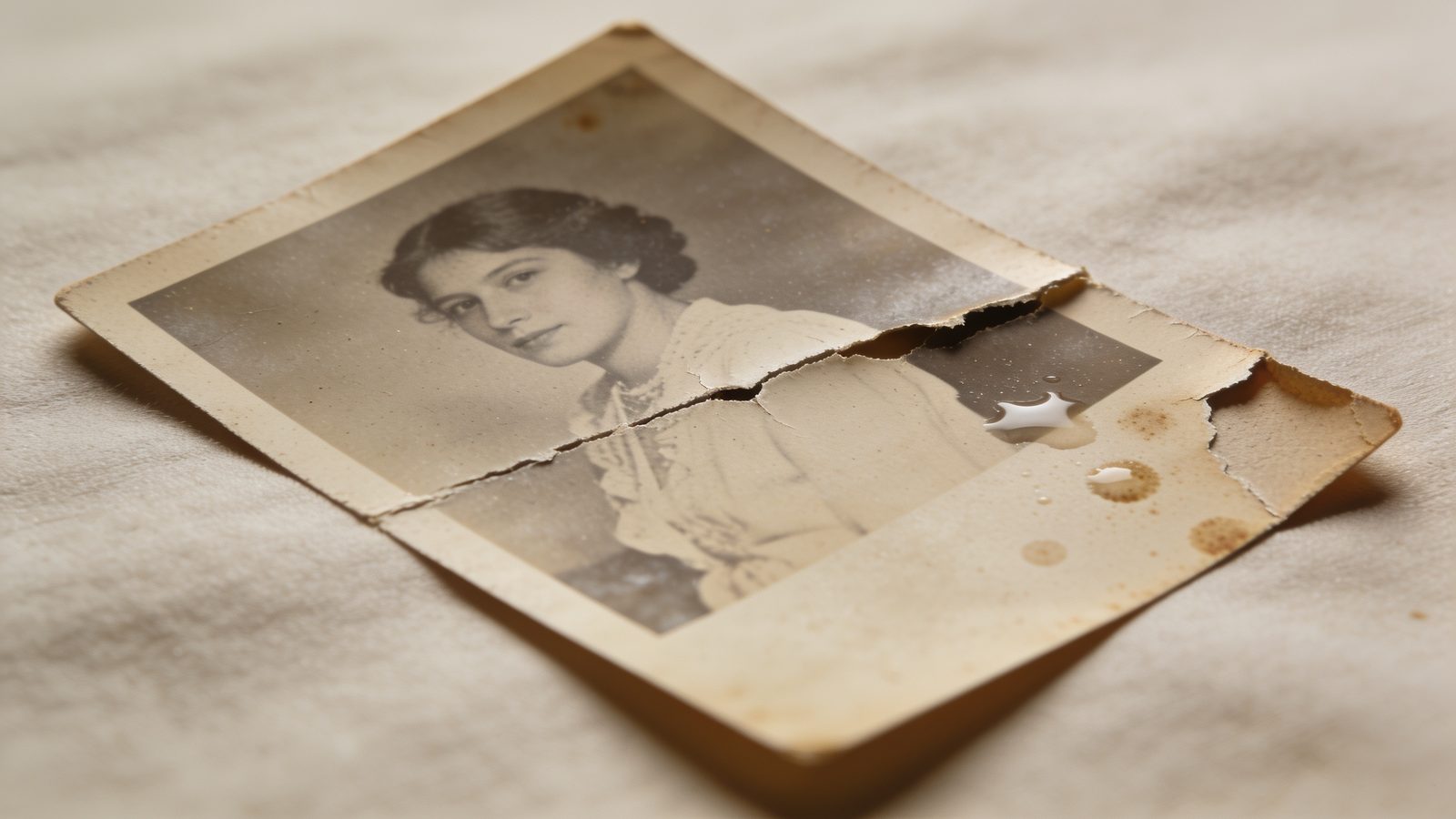 Een oude, gescheurde zwart-witfoto van een vrouw met vergeelde randen en vochtvlekken.