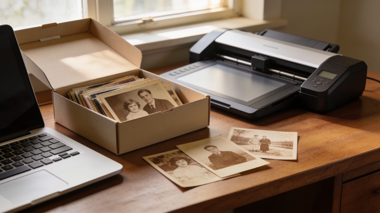 Een schoenendoos vol oude familiefoto's naast een laptop en een scanner op een houten bureau.